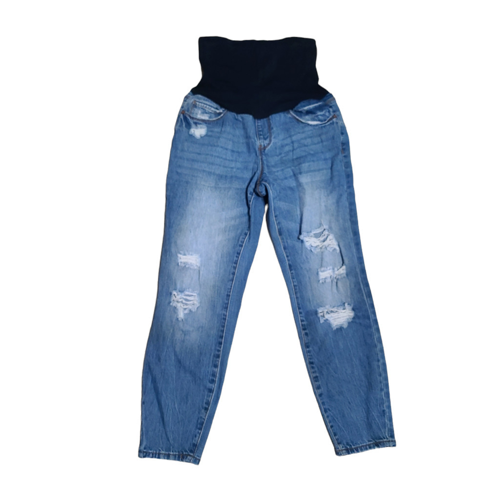 Indigo Poppy Blue Distressed Belly-Band Maternity Jeans sz L